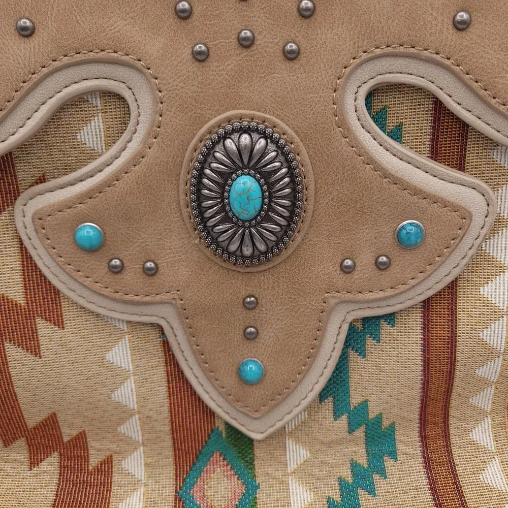 Justin Boots Southwestern Style Leather Backpack Purse Tan and Turquoise Bag